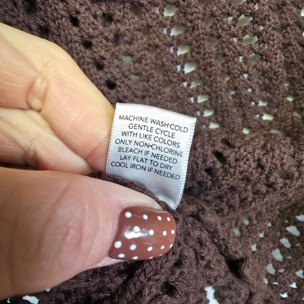 Crochet‎ Knit Cardigan Womens L Brown Open Ruffle Ribbed Layering Lounge Sweater - Picture 12 of 15